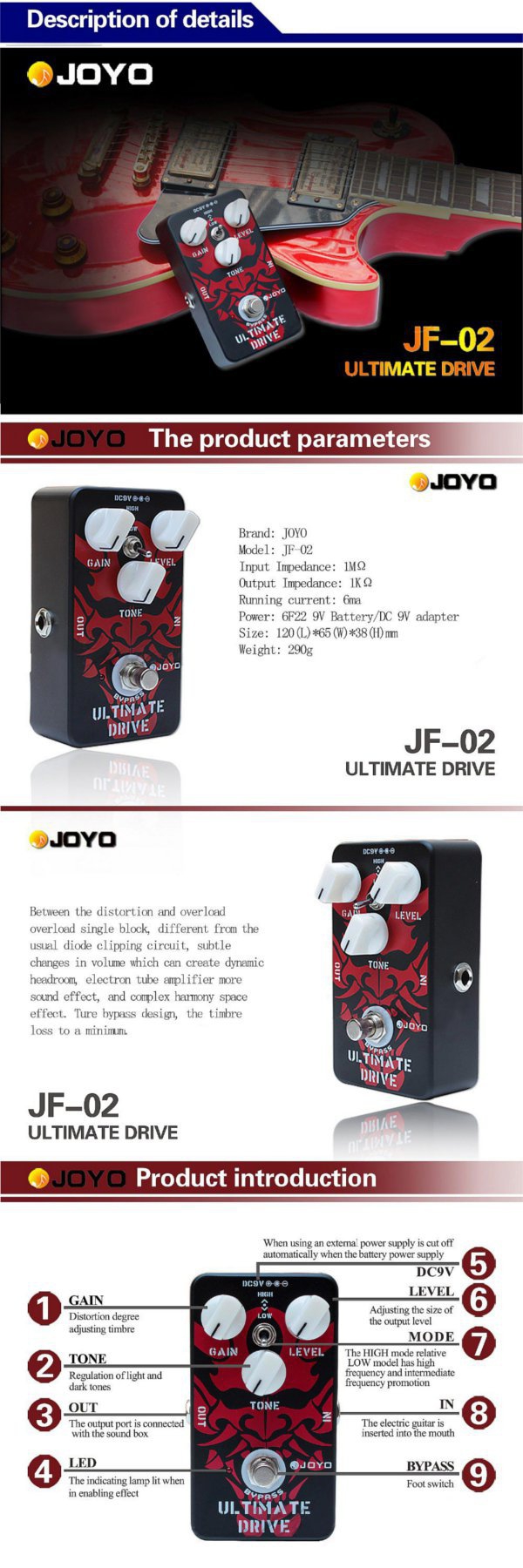 Joyo JF-02 Ultimate Overdrive Pedal with True Bypass Wiring
