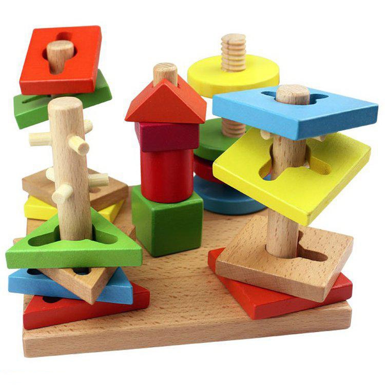 Children Wooden Toys Five Column Suit Colorful Building Blocks