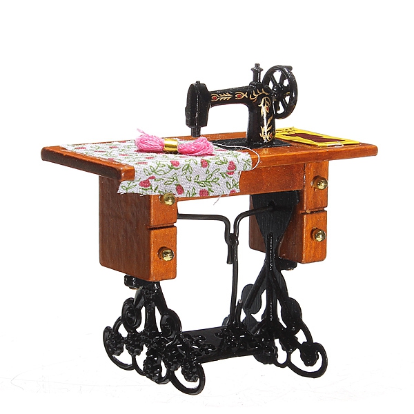 1:12 Vintage Sewing Machine Toys Little Girl Metal Wood Cloth Thread