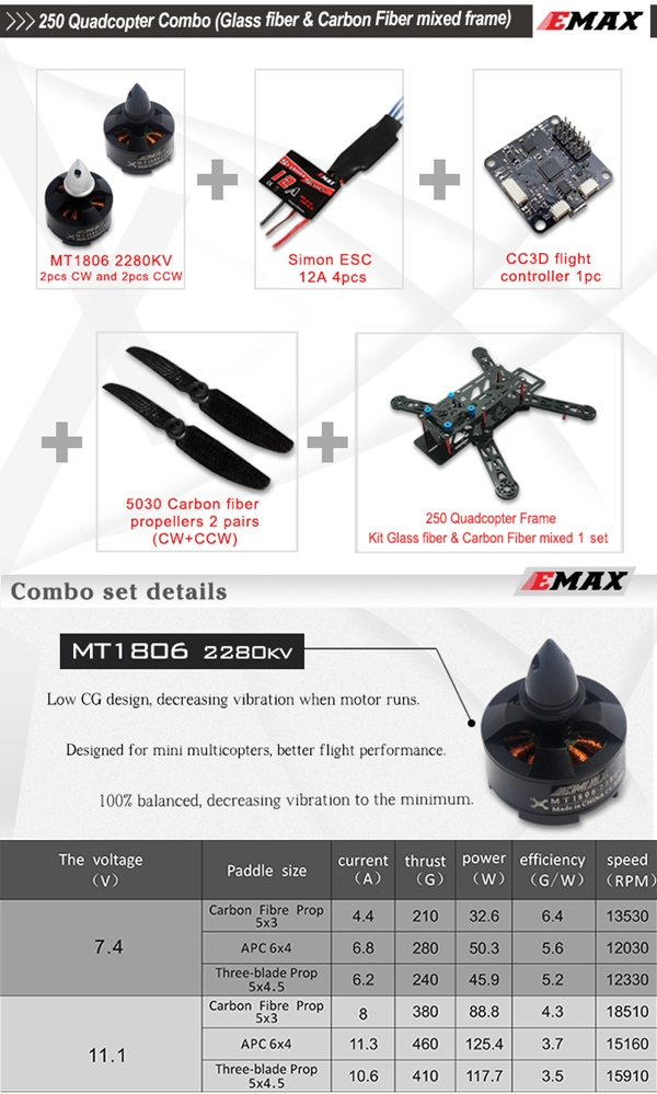 EMAX Nighthawk 250 Glass Carbon Fiber Combo CC3D MT1806 Motor 12A ESC 