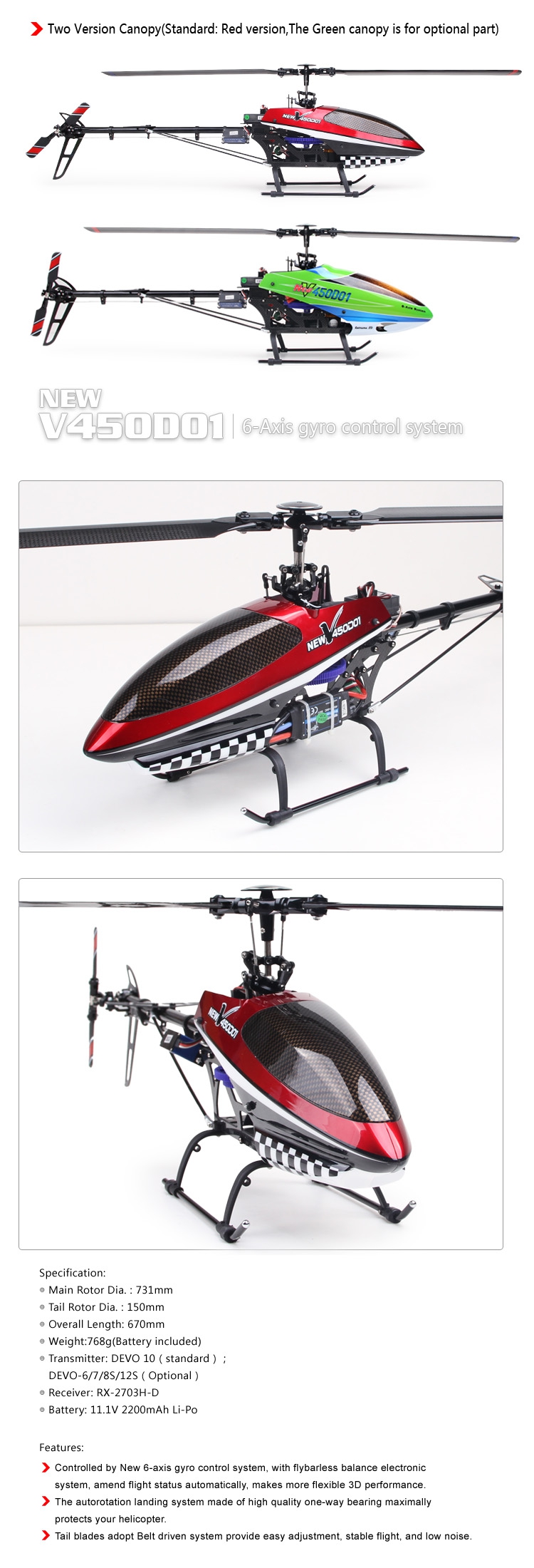 Walkera New V450D01 V2 6CH Brushless 6-Axis 3D Helicopter BNF