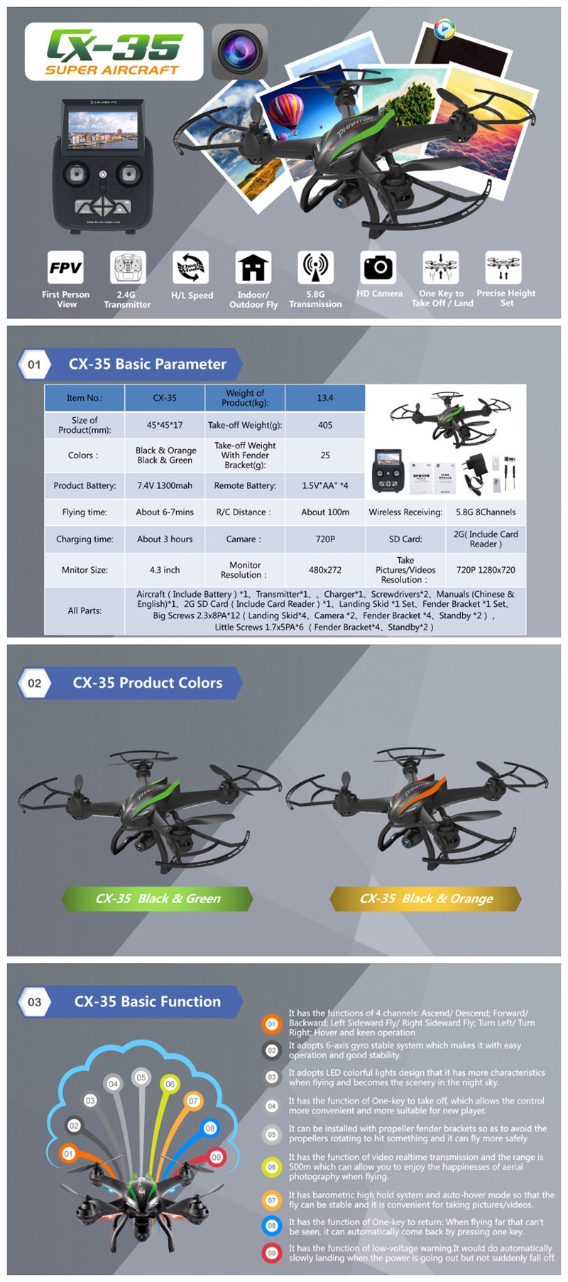 Cheerson CX-35 CX35 5.8G 500M FPV With 2MP Wide Angle HD Camera Gimbal High Hold Mode RC Quadcopter