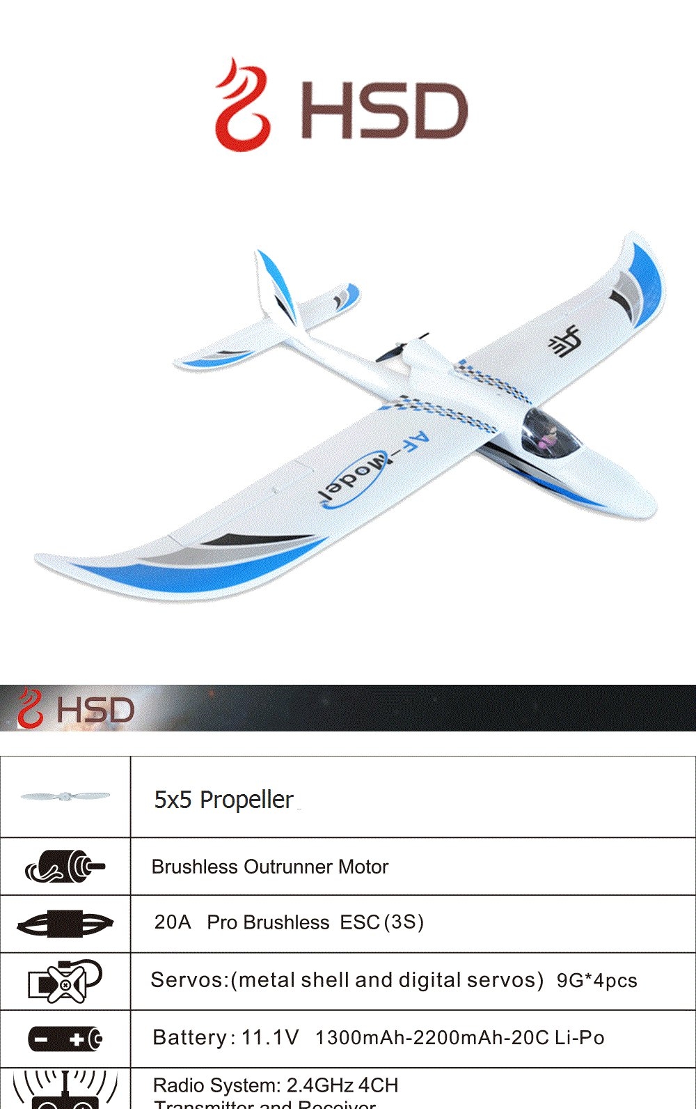 HSD AF Model AF-001 Sky Surfer 1400mm Wingspan EPO Glider RC Airplane PNP 