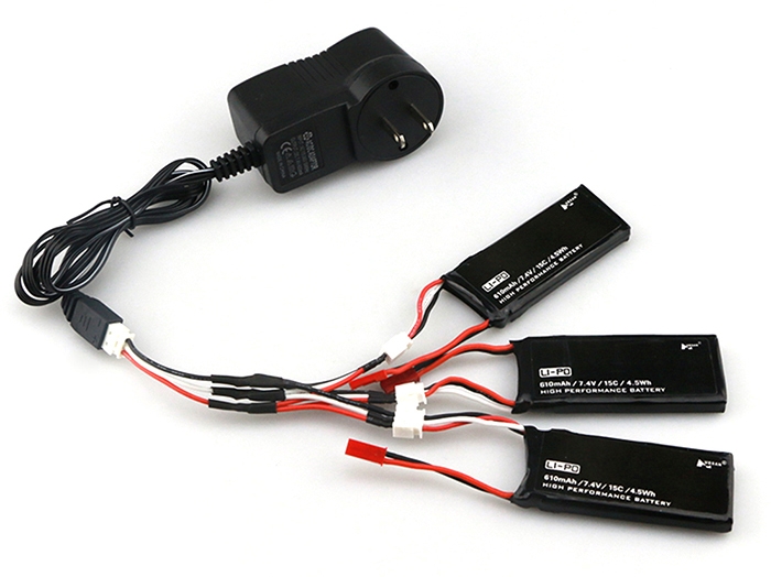 3 x 7.4V 610mAh 15C Battery + US Plug Charger / Cable Set