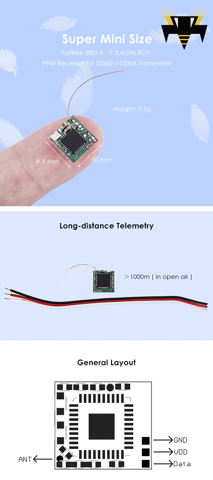 FuriBee S801A - P 2.4GHz 8CH PPM Receiver