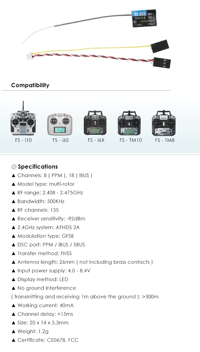 FLYSKY FS - A8S 2.4GHz 8-channel Mini Receiver