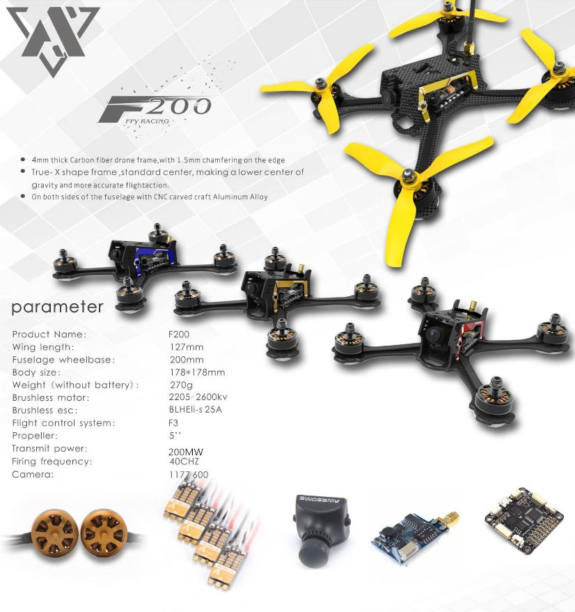 Awesome F200 200mm Standard Version FPV Racing Drone w/ F3 25A Blheli_S 40CHZ VTX PNP