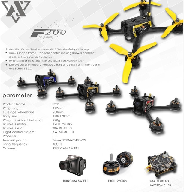 Awesome F200 200mm High-end Version FPV Racing Drone w/ F3 20A Blheli_S 5.8G 40CH VTX PNP