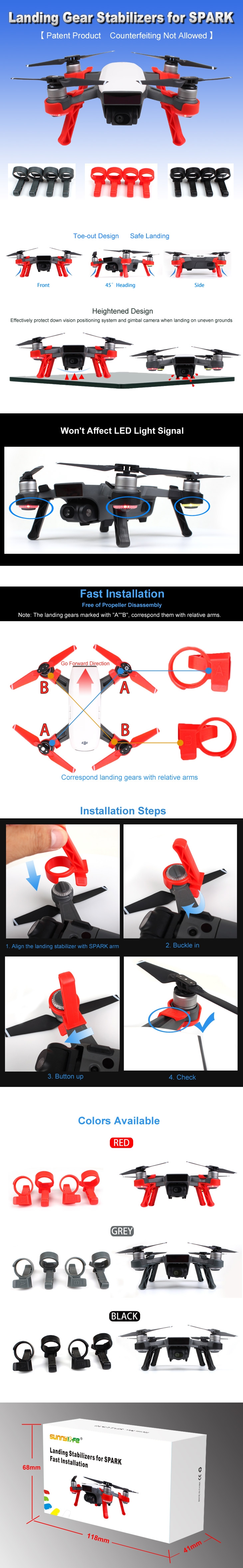 Sunnylife Extended Landing Skids Landing Gear Stabilizers For DJI Spark