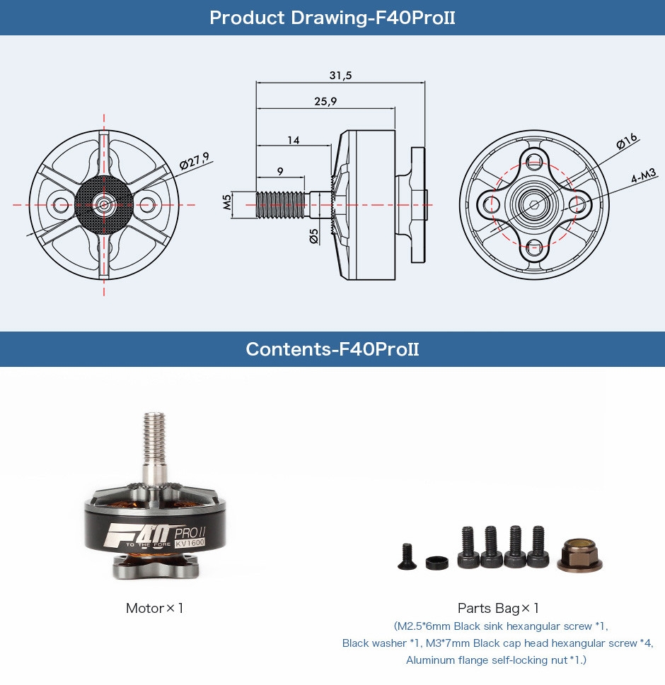 T-motor F40 PRO II 1600KV 2400KV 2600KV 3-4S Brushless Motor for RC Multirotor FPV Racing Drone