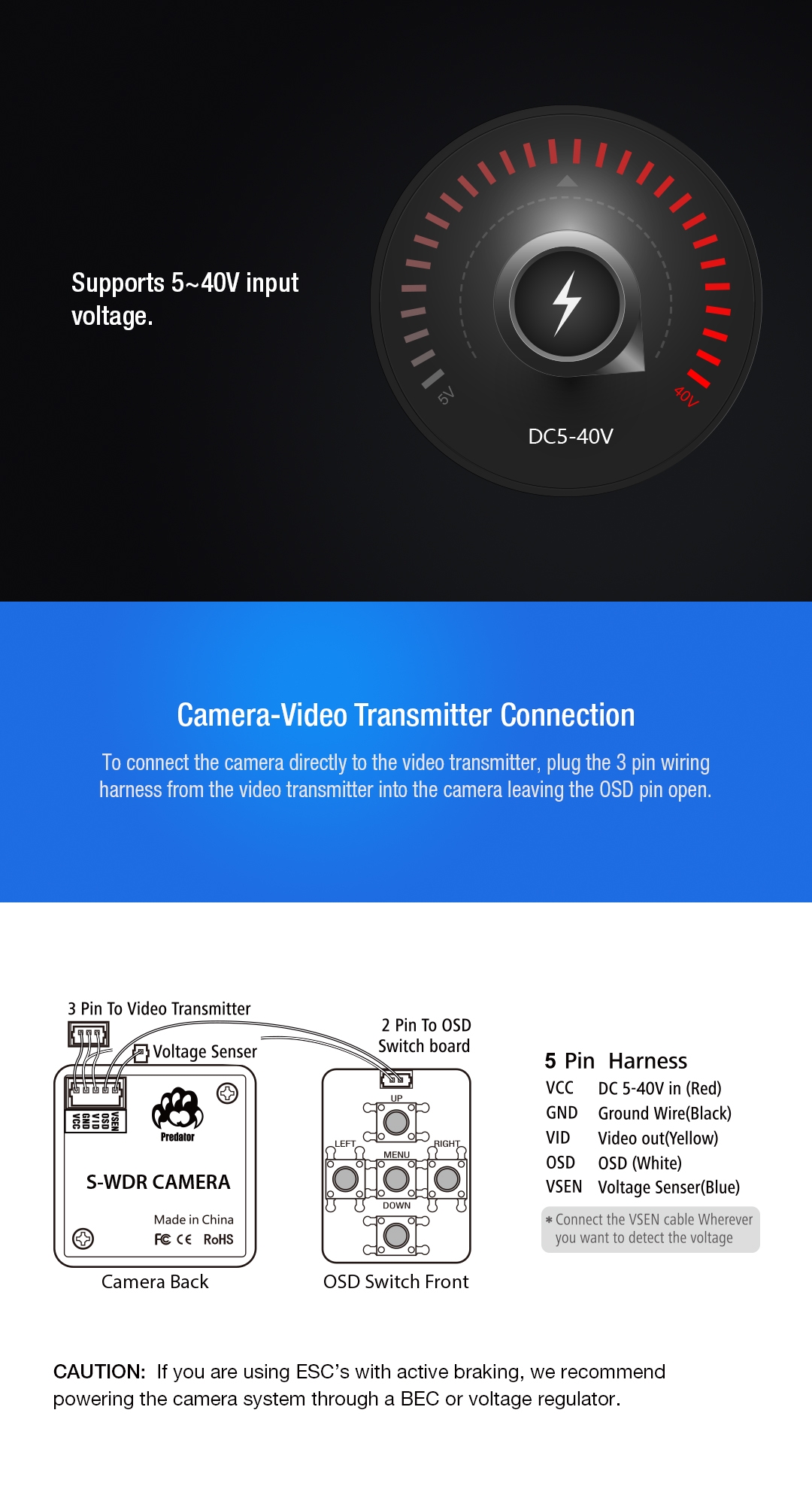 Foxeer Predator Micro 1000TVL 1.8mm 110 Degree M8 Lens Super WDR FPV Camera With OSD DC5V-40V Low Latency