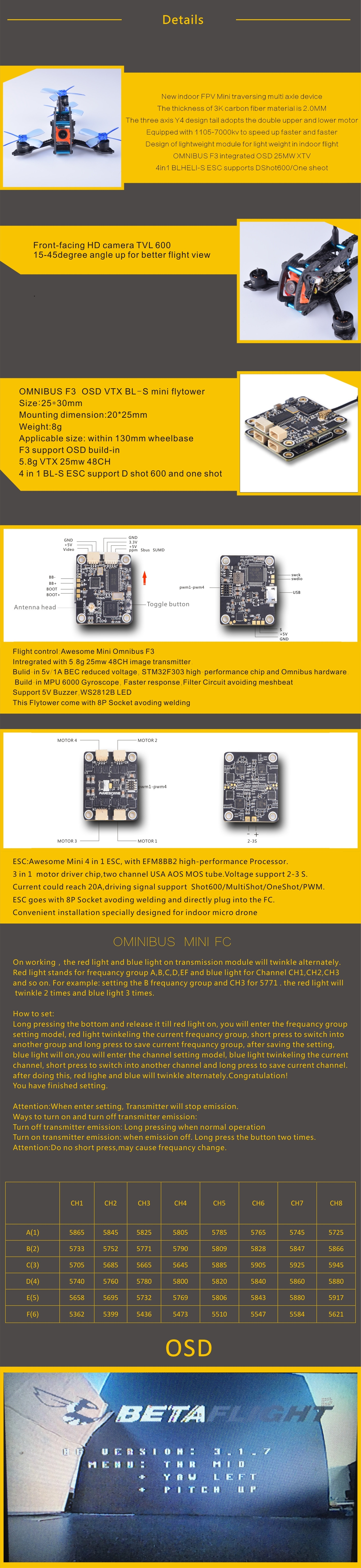 Awesome Dragonfly 110 Y4 110mm RC FPV Racing Drone W/ Omnibus F3 OSD BLheli_S 10A 25mW 48CH 600TVL