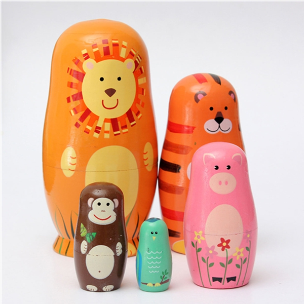 Set of 5 Cute Wooden Nesting Dolls Matryoshka Animal Russian Doll