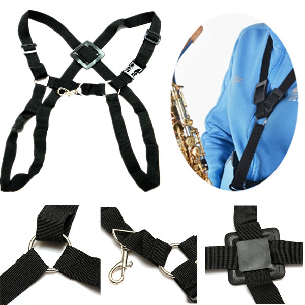 Black Adjustable Tenor Baritone Sax Harness Double Shoulder Strap