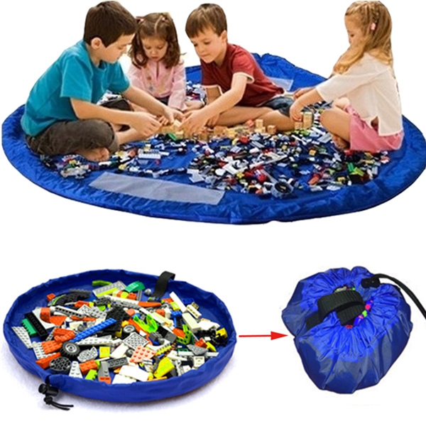 Blue Portable Kids Toys Storage Bag Play Mat Toy Organizer Rug Box 