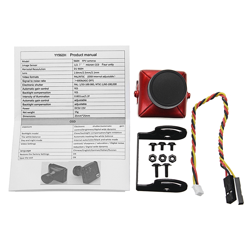 JJA-CM1200 1/3 CMOS 1200TVL Mini Camera 2.5mm Lens With OSD Button PAL/NTSC Black/Red For RC Drone