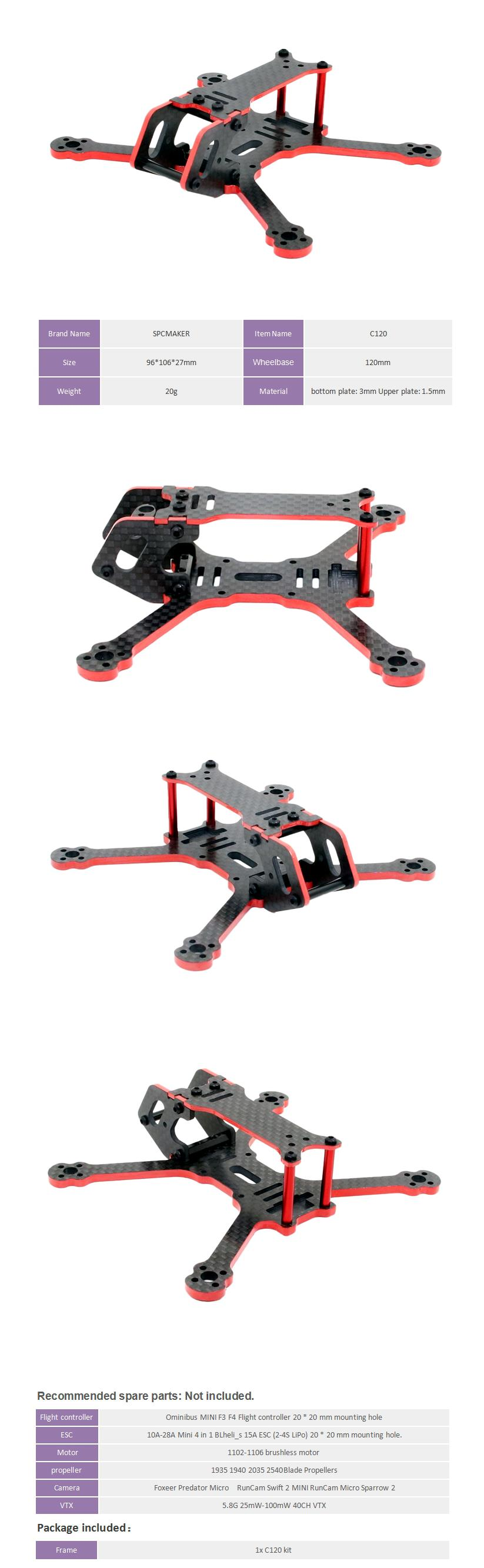 SPC MAKER C120 120mm Wheelbase 3mm Arm Carbon Fiber FPV Racing Frame Kit