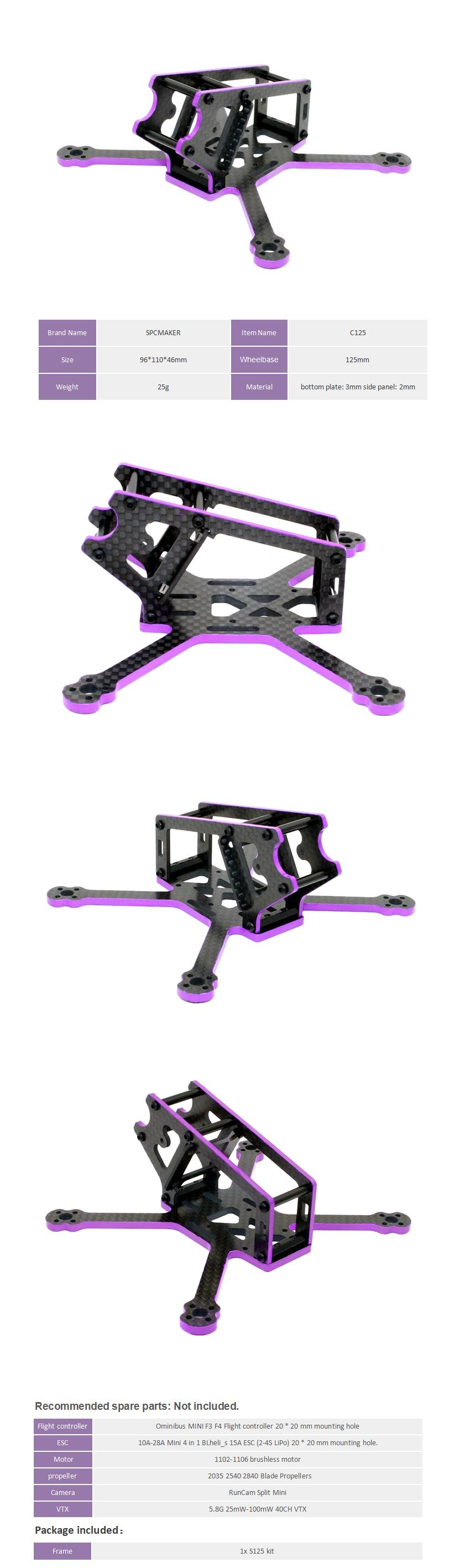 SPC MAKER S125 125mm Wheelbase 3mm Arm Carbon Fiber FPV Racing Frame Kit