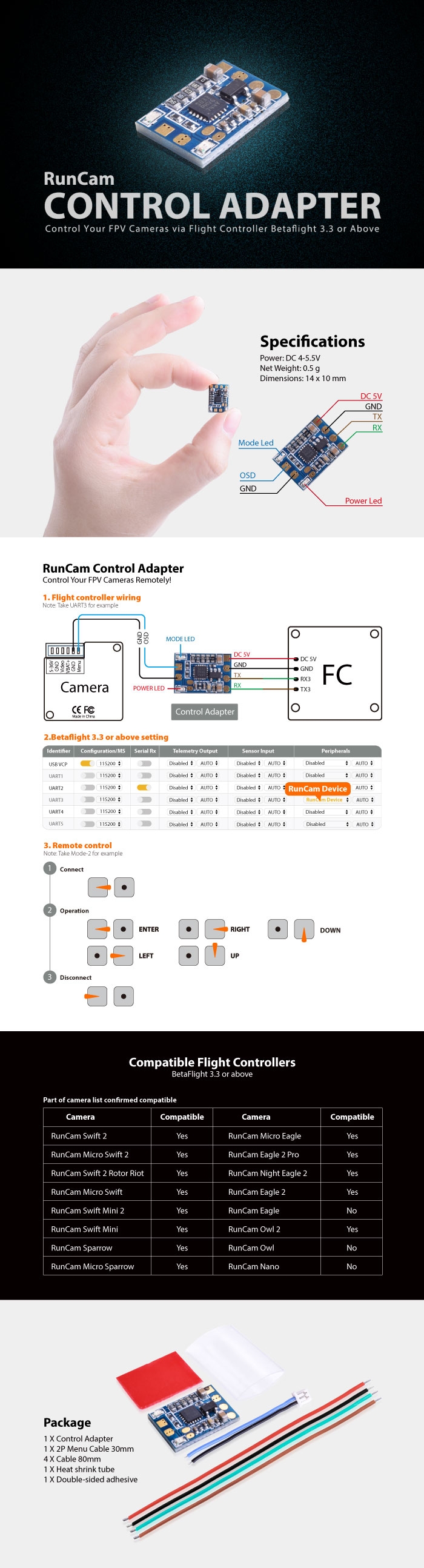 Runcam FPV Camera Control Board Adapter Support Remote Control Via Betaflight Flight Controller