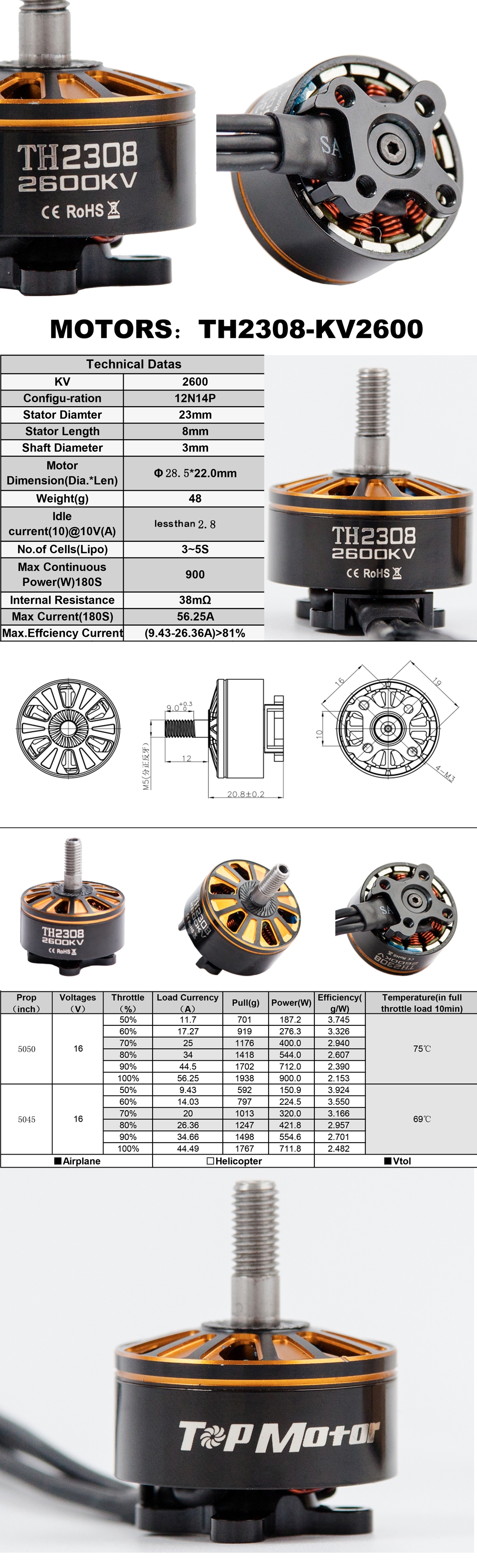 One Pair TH2308 2308 2600KV 3-5S Brushless Motor CW & CCW for RC Drone FPV Racing