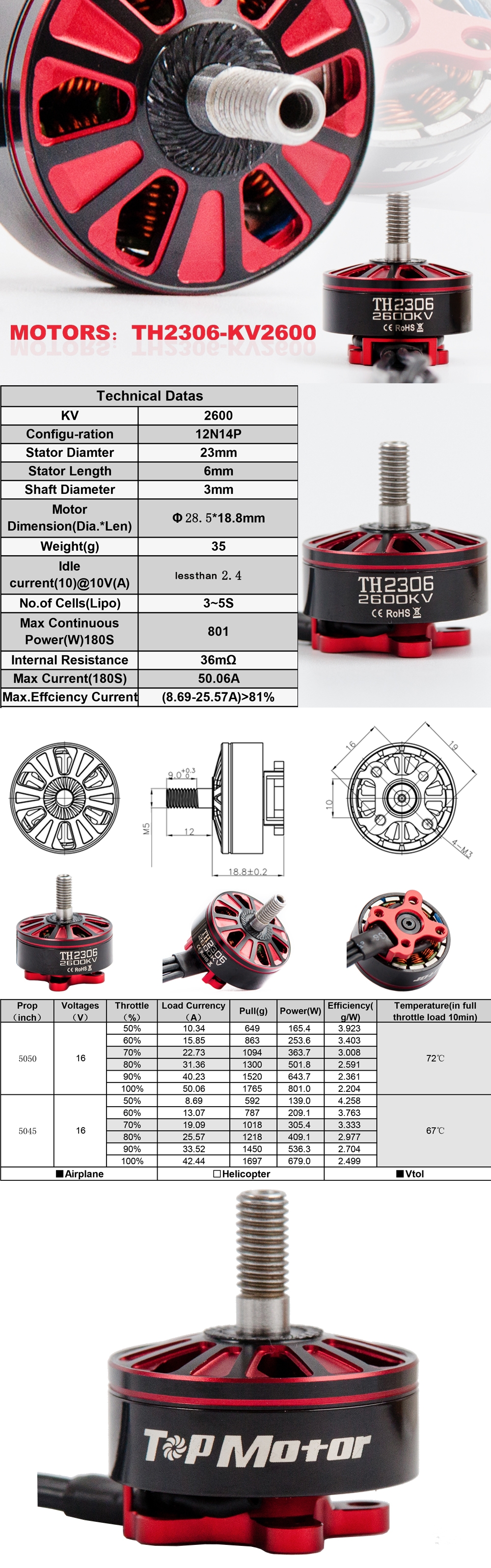 One Pair TopMotor TH2306 2306 2600KV 3-5S Brushless Motor CW & CCW for RC Drone FPV Racing