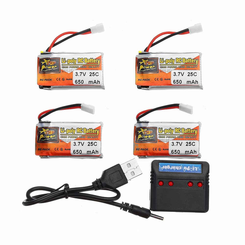 4Pcs ZOP POWER 3.7V 650mAh 25C 1S Lipo Battery JST Plug With Charger For RC Models