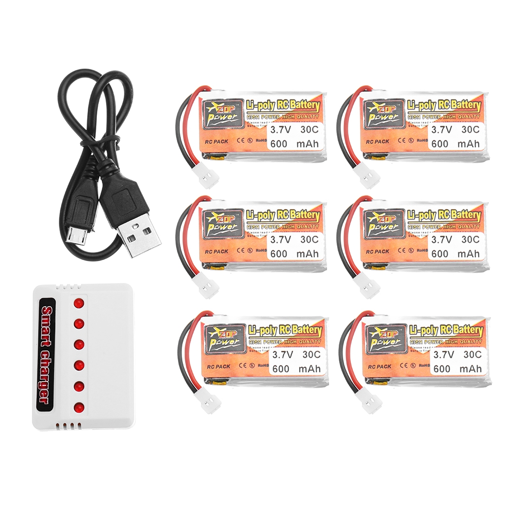 6PCS ZOP POWER 3.7V 600mAh 30C 1S Lipo Battery JST Plug With Charger