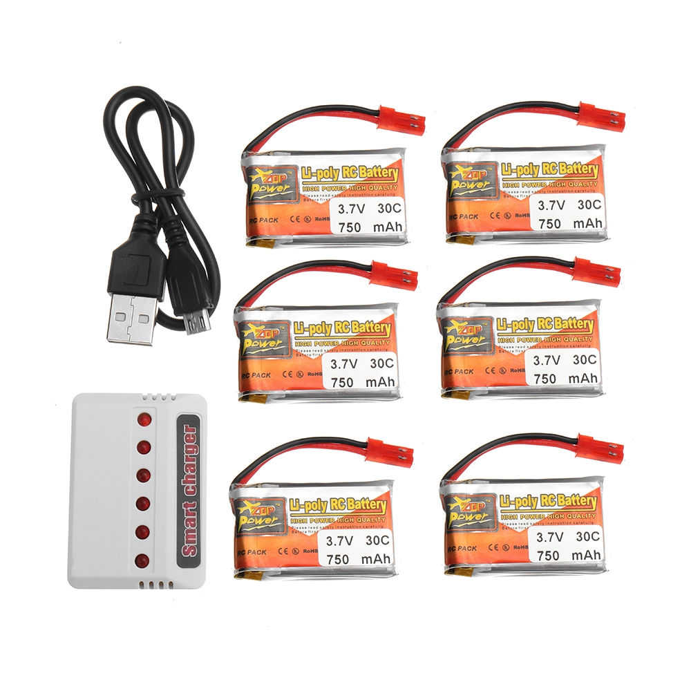 6Pcs ZOP POWER 3.7V 750mAH 30C 1S Lipo Battery JST Plug With Charger For RC Model