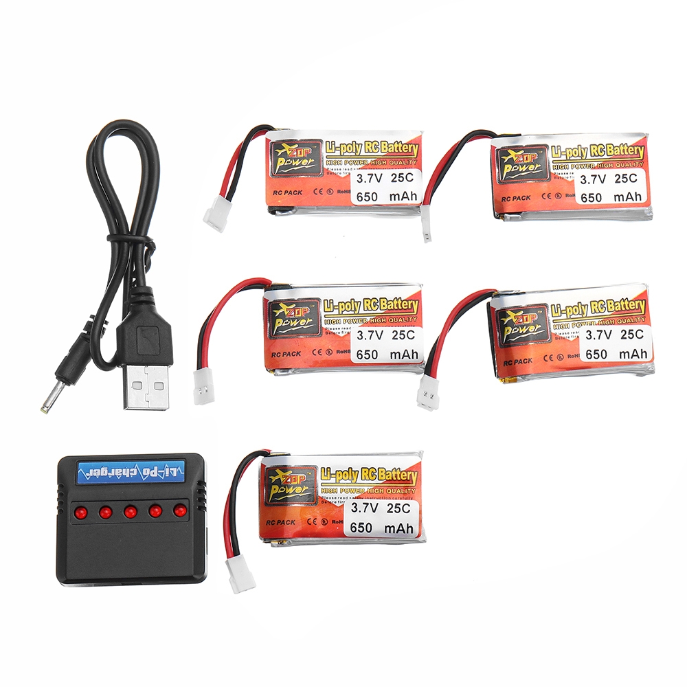 5PCS ZOP POWER 3.7V 650mAh 25C 1S Lipo Battery JST Plug With Charger