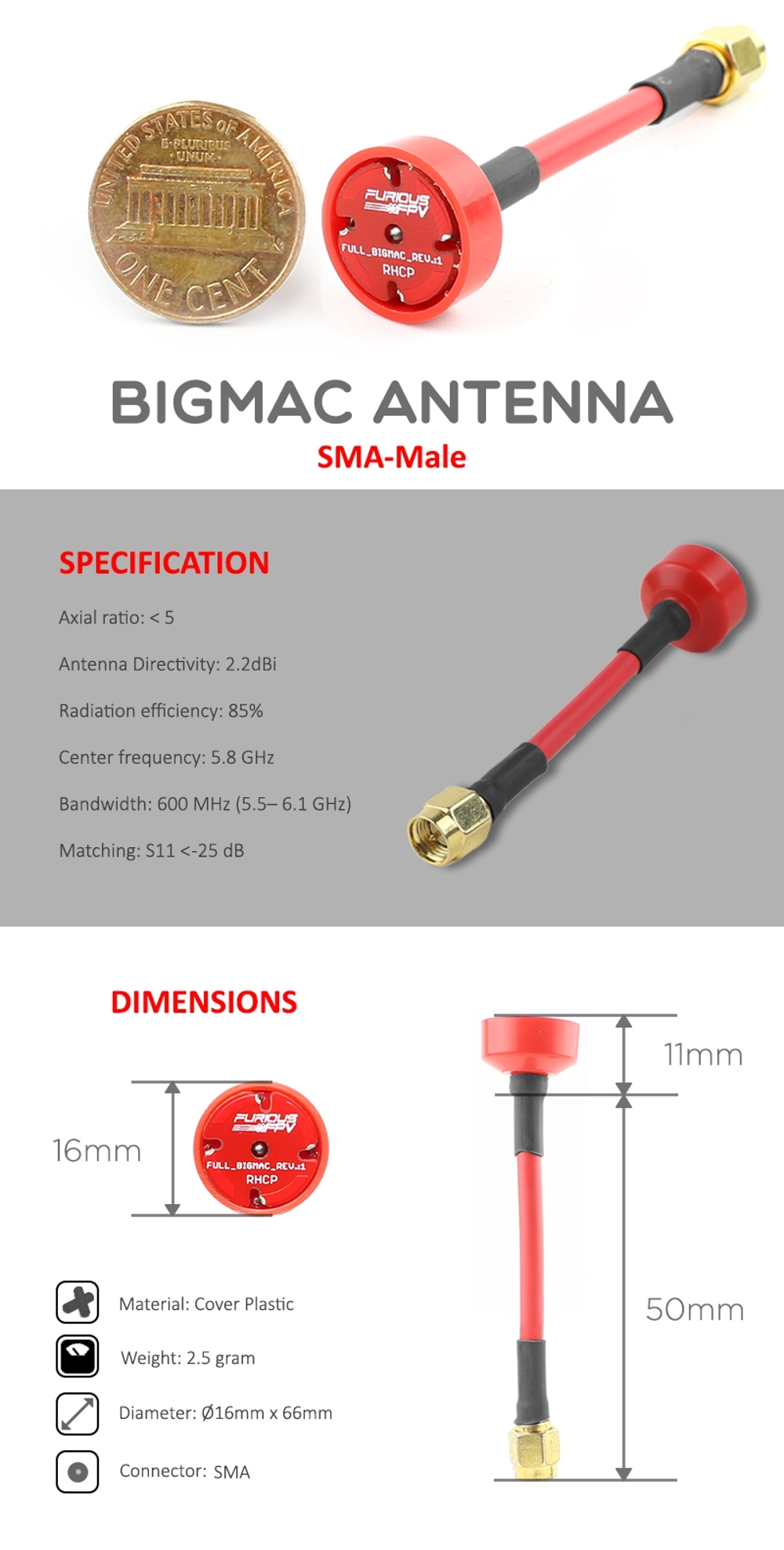 2 PCS FuriousFpv BigMac RHCP 5.8G 2.2dBi FPV Antenna SMA Long