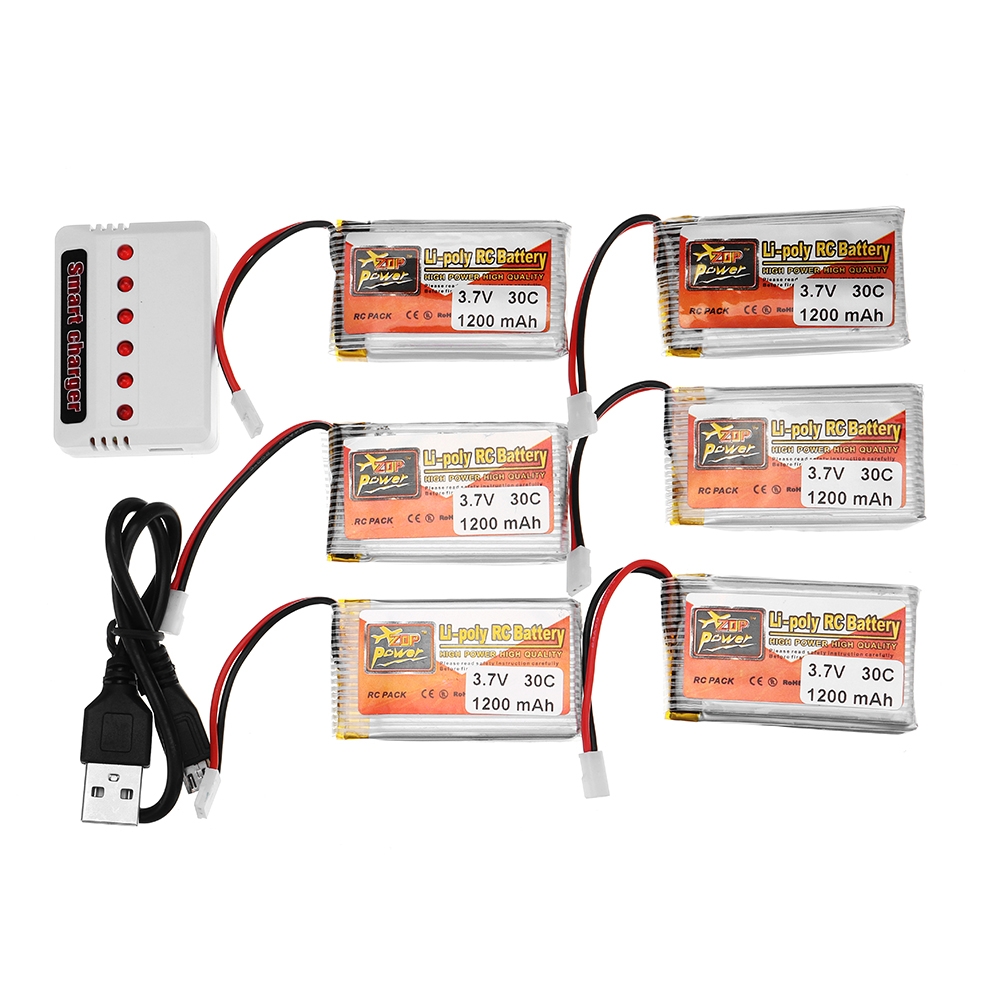 6PCS ZOP POWER 3.7V 1200mAh 30C 1S Lipo Battery White Plug With 6 in 1 Battery Charger