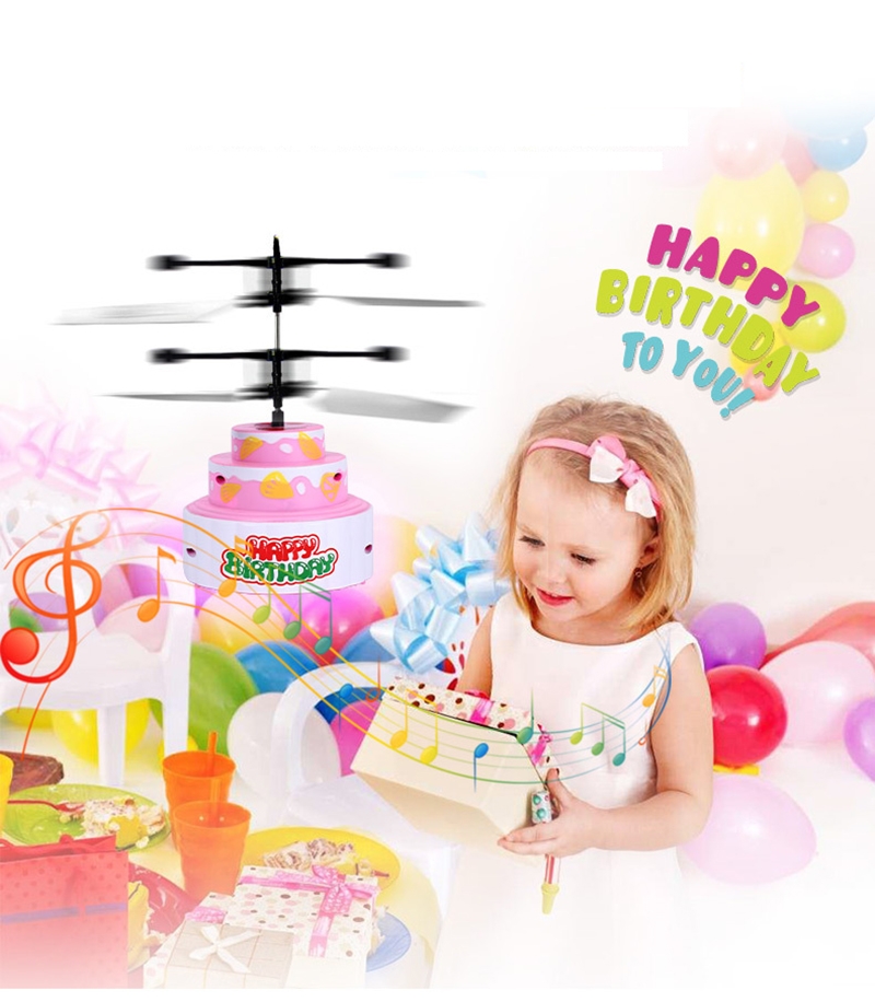 Mini RC Infraed Induction Helicopter Flying Birthday Cake Flashing Light Toys for Kids