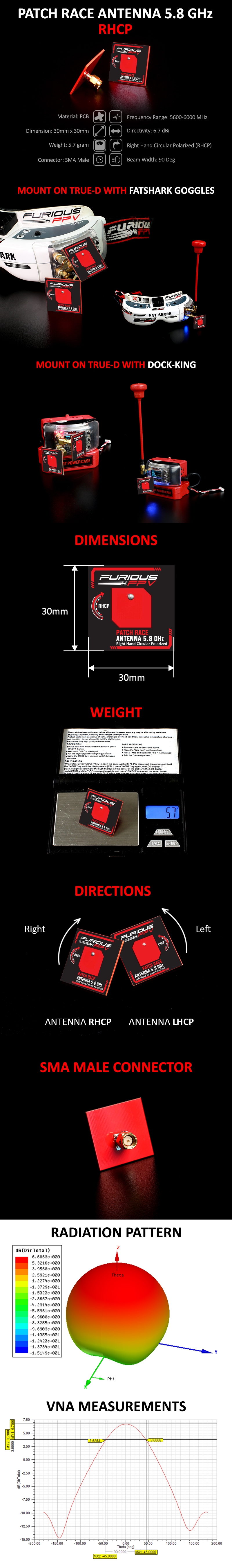 FuriousFPV 5.8GHz RHCP 6.7dBi Feather Patch Race FPV Antenna With SMA Male Connector