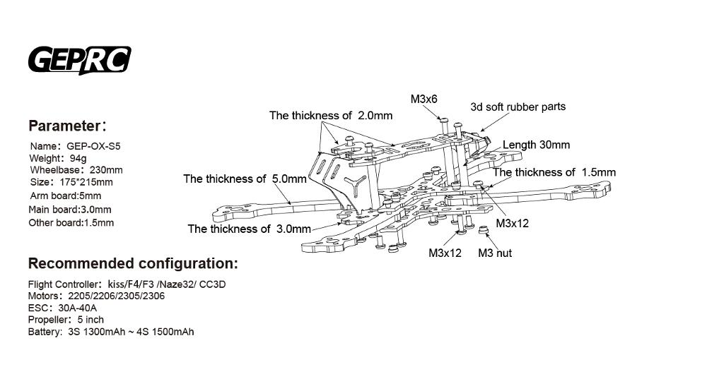 GEPRC GEP-OX-S5 Stretch X 230mm Wheelbase Frame Kit Arm 4mm 5mm for RC FPV Racing Drone