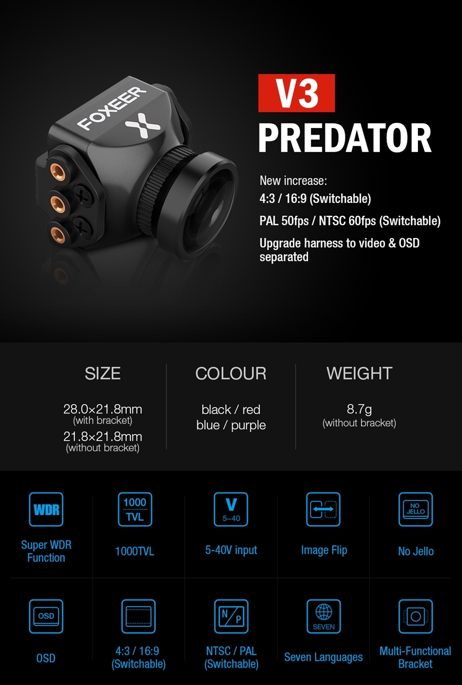 Foxeer Predator V3 16:9/4:3 PAL/NTSC Switchable 1000TVL WDR OSD Mini FPV Camera Fluorescent Green