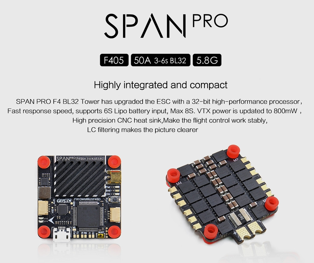 GEPRC SPAN PRO 30.5*30.5mm Flytower BLHeli_32 4in1 3-6S 50A ESC & F4 Flight Controller Built-in 48CH 800mW VTX