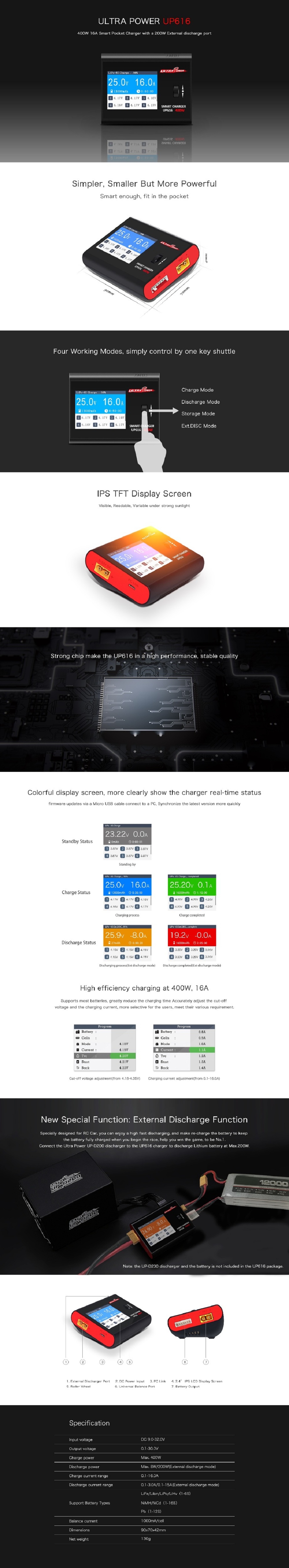 Ultra Power UP616 DC 400W 16A Smart Battery Balance Charger for 2-6S Lipo Battery