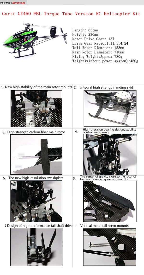 Gartt GT450 FBL Torque Tube Version RC Helicopter Kit