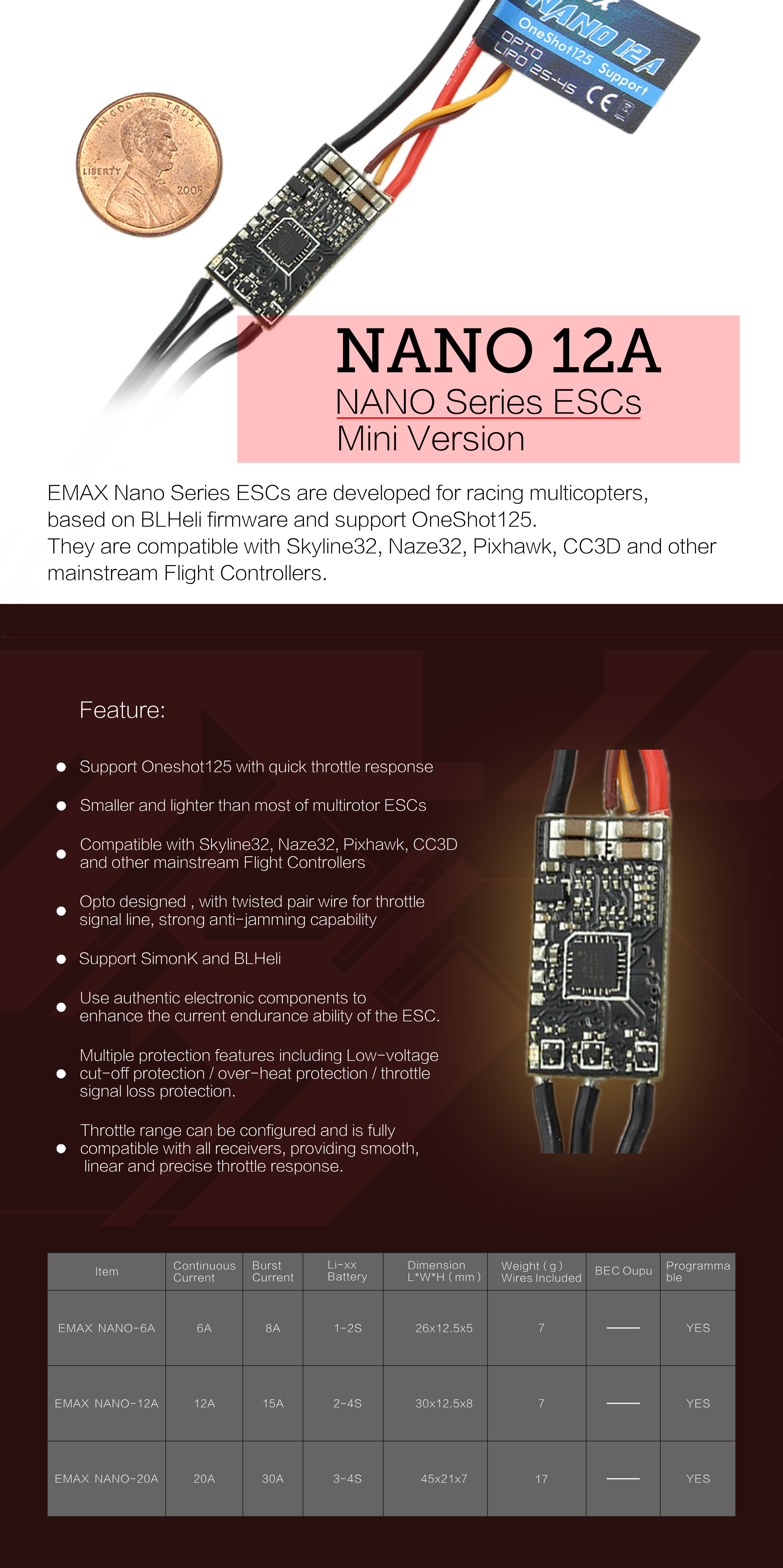 EMAX Nano Series Mini 12A ESC Support OneShot 125 For RC Multirotors Aircrafts 