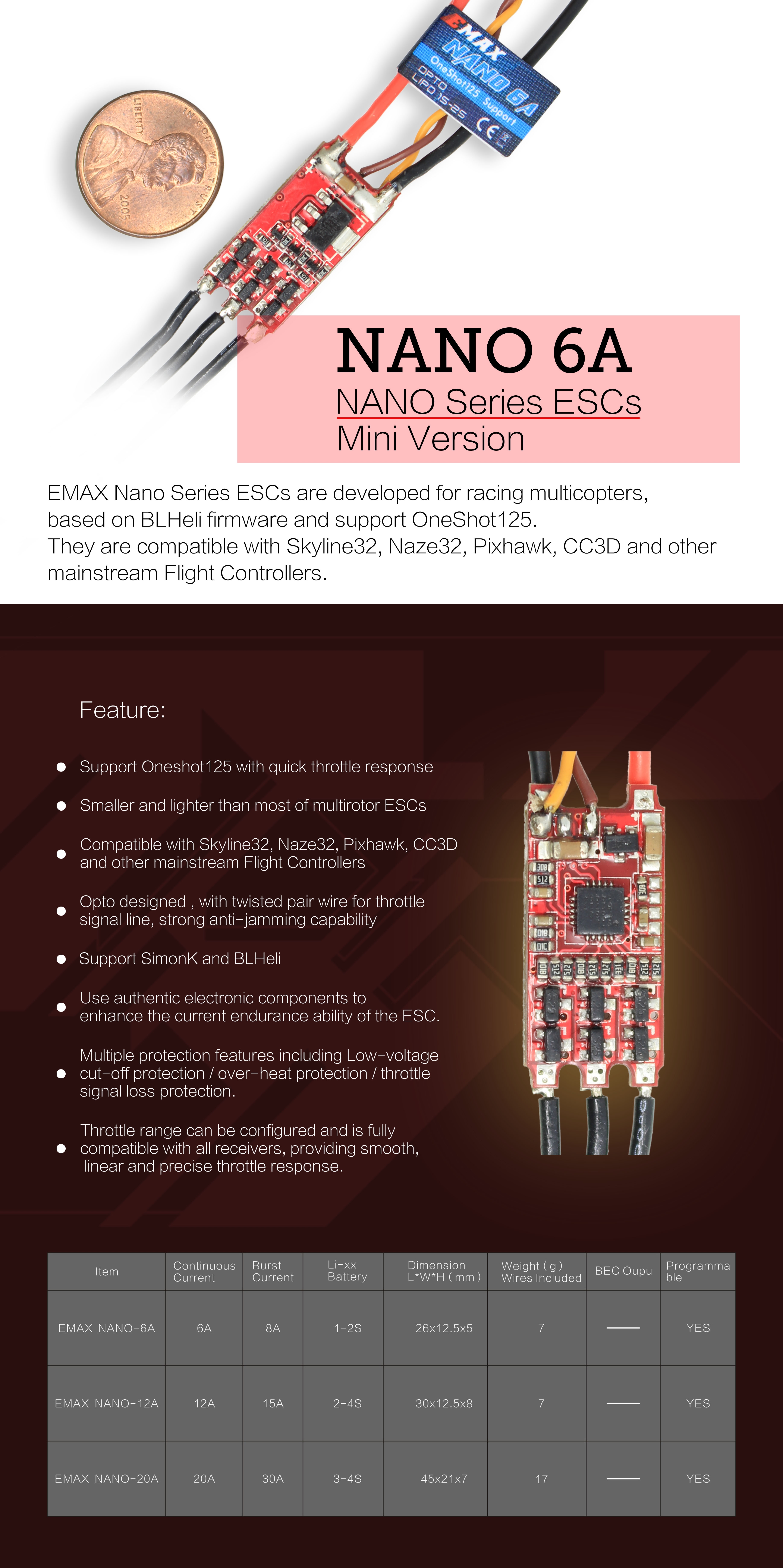 EMAX Nano Series Mini 6A ESC Support OneShot 125 For RC Multirotors Aircrafts 