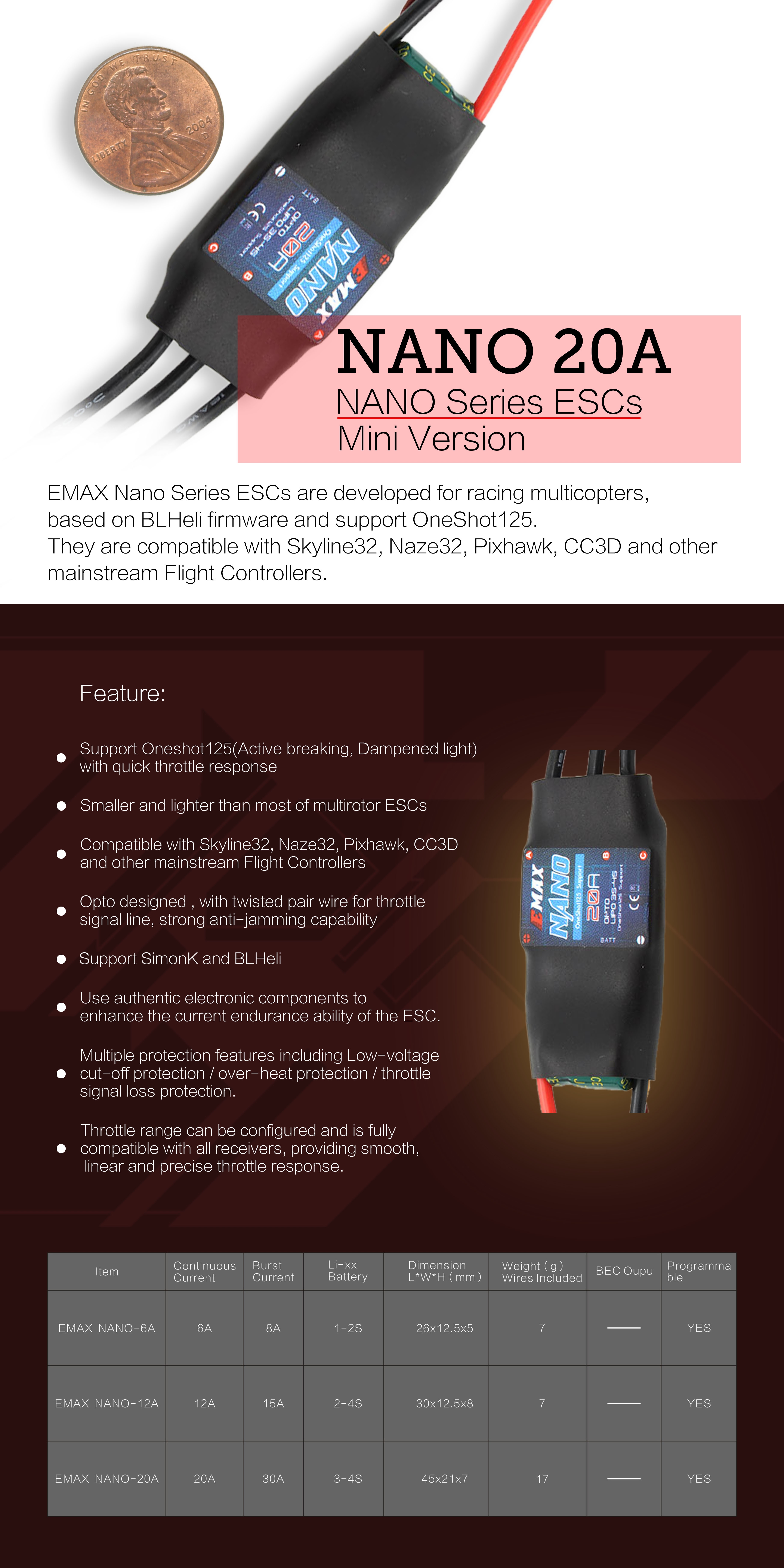EMAX Nano Series Mini 20A ESC Support OneShot 125 For RC Multirotors Aircrafts 