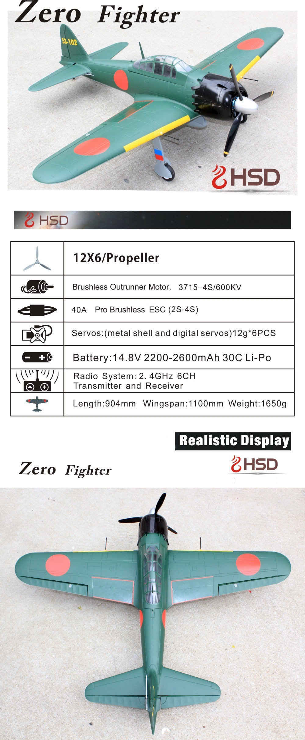 HSD Zero Fighter 1100mm Wingspan Warbird RC Airplane PNP