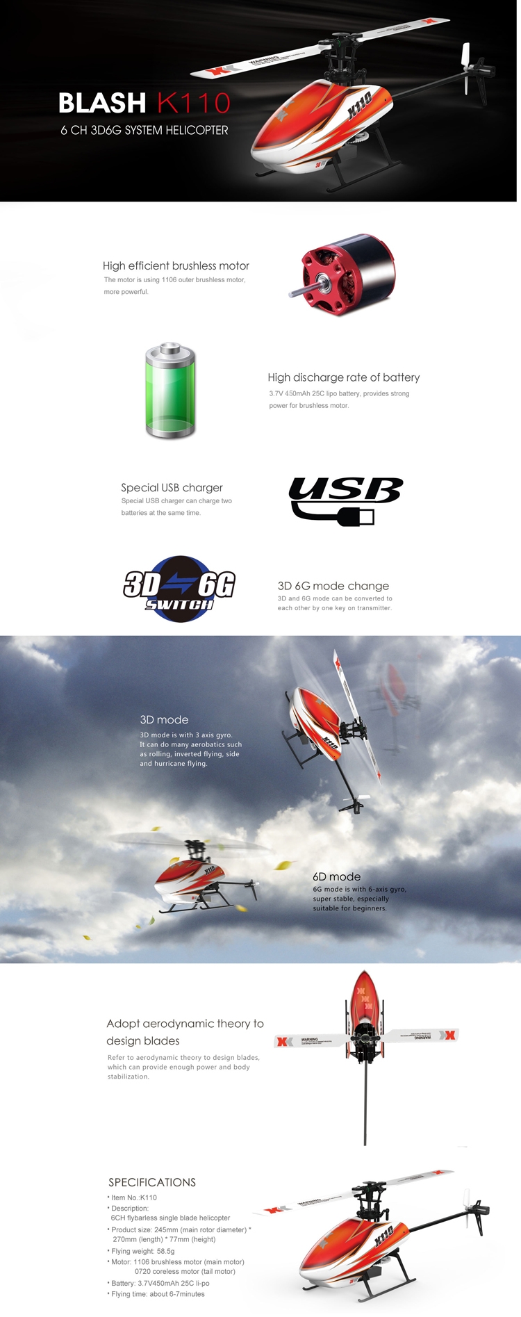 XK K110 Blash 6CH Brushless 3D6G System RC Helicopter BNF