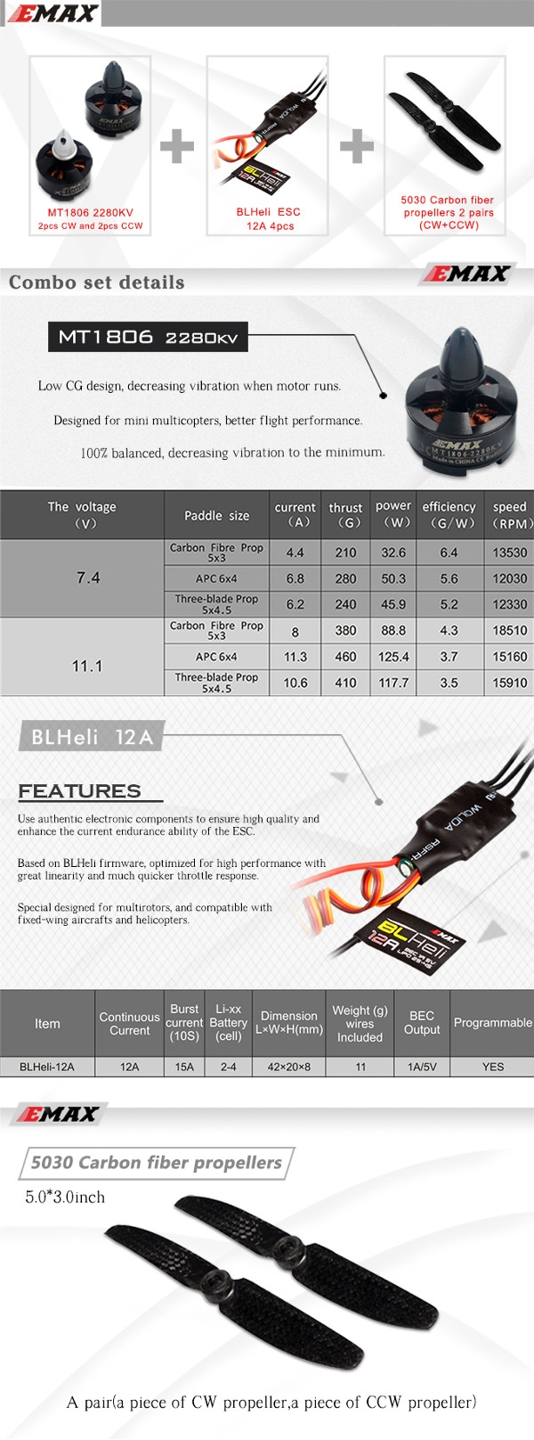 EMAX MT1806 KV2280 Brushless Motor 5030 Propellers  Esc 12A For QAV250