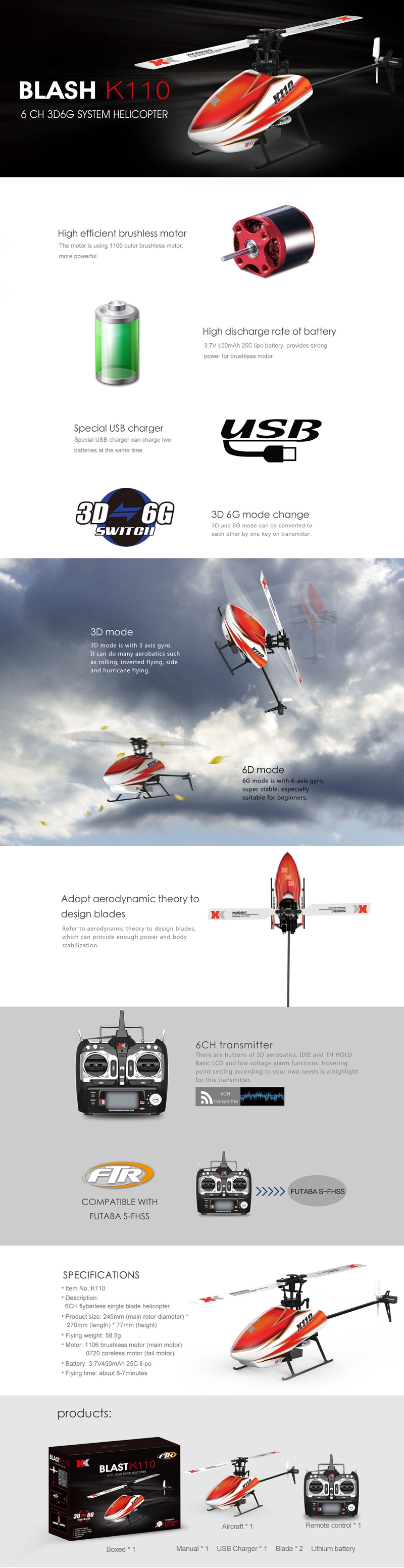 XK K110 Blash 6CH Brushless 3D6G System RC Helicopter RTF