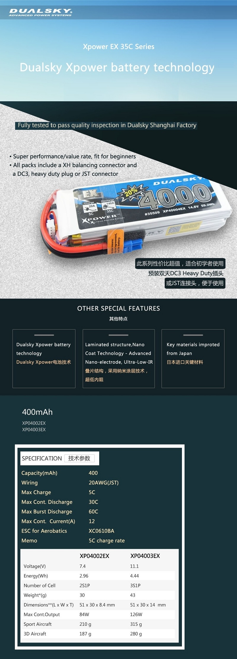 Dualsky EX 7.4V 2S 400mAh 35C 800mAh 25C JST Lipo Battery