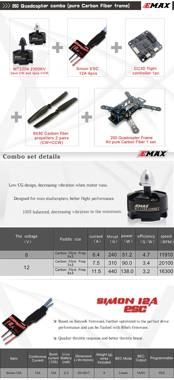 EMAX Nighthawk 250 Carbon Fiber Frame Combo CC3D MT2204 Motor 12A ESC 