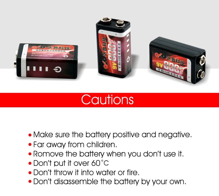 9V 800mah USB Lithium Rechargeable Battery